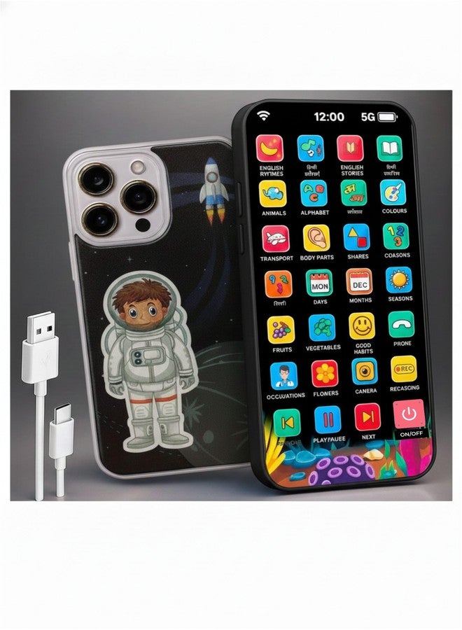 YUIOP - EduPhone Educational Type-C Rechargeable Musical Toy - 28 Functions Recording, Alphabet, Numbers, Varnmala, Animal Sounds, Nursery Rhymes in English & Hindi (Black (Space Kid Theme)) - Image 1